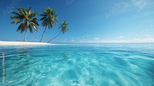 Tranquil beach scene with crystal clear water and swaying palm trees under a bright blue sky, perfect for relaxation and escape.