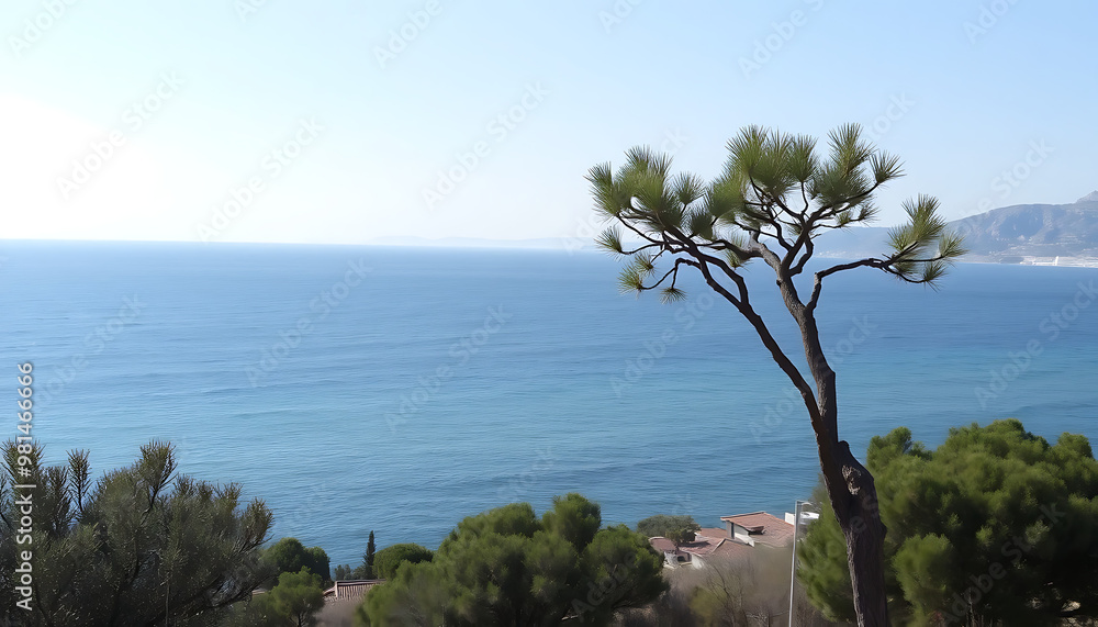tranquil seaside view with pines overlooking calm blue waters, space for copy tranquil seaside view with pines overlooking calm blue waters, space for copy