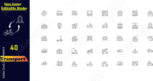 Transportation stroke icon set, featuring icons for cars, bicycles, airplanes, trains, motorcycles, buses, and scooters.