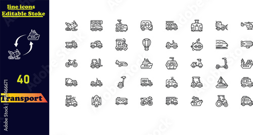 Transportation stroke icon set, featuring icons for cars, bicycles, airplanes, trains, motorcycles, buses, and scooters.