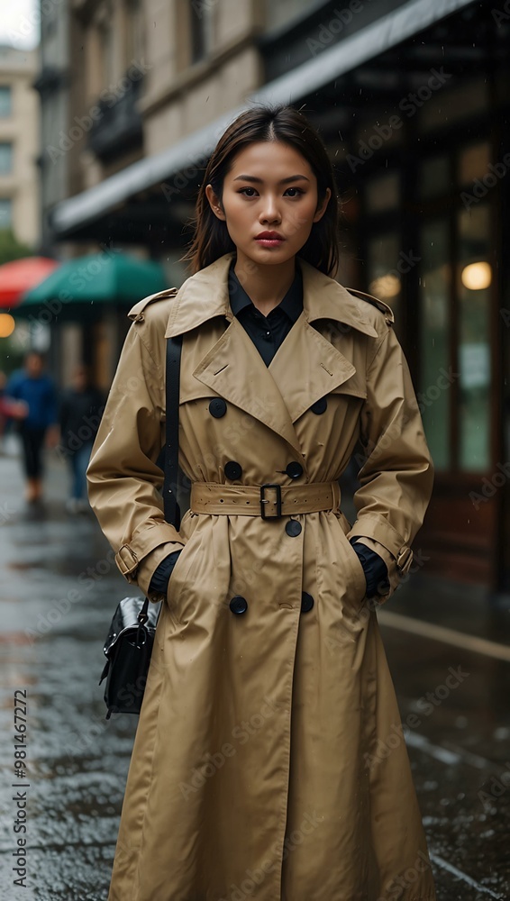 Japanese model in a chic trench coat blending Western and Japanese styles on a rainy city street. Japanese model in a chic trench coat blending Western and Japanese styles on a rainy city street.