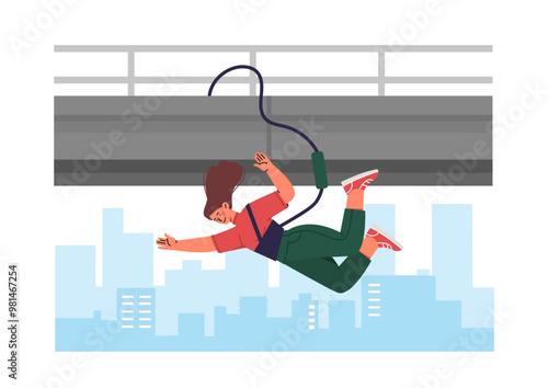 Jump off bridge. Woman with safety rope jumping from bridge. Active lifestyle and extreme sports. Risk and adrenaline, challenge. Flat vector illustration