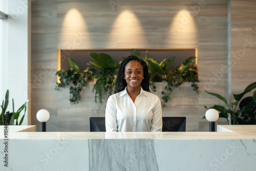Young African American black woman working as receptionist, standing at large marble desk smiling, waiting for guests. Generative AI
