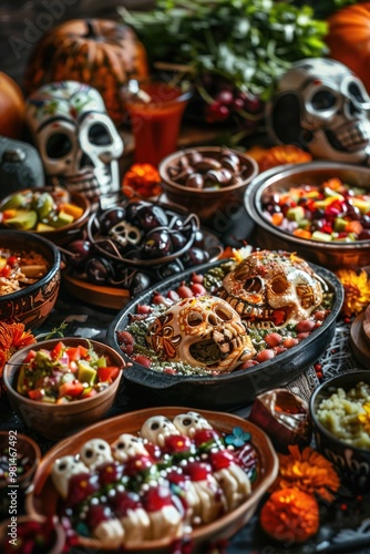 Variety of foods arranged on a table, including snacks and dishes from around the world