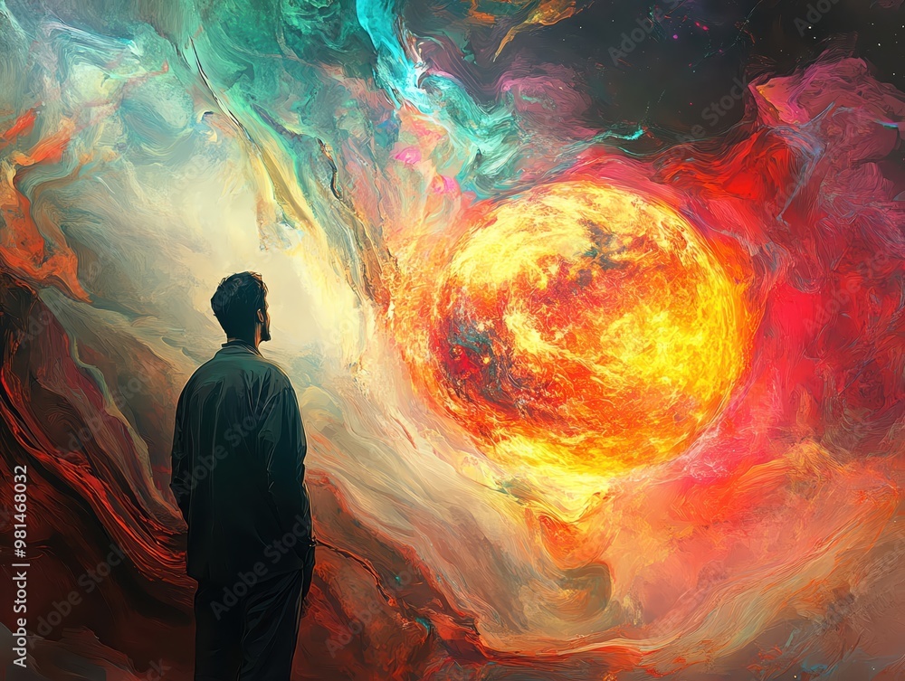 A man contemplates a fiery planet in a surreal, abstract landscape. A man contemplates a fiery planet in a surreal, abstract landscape.