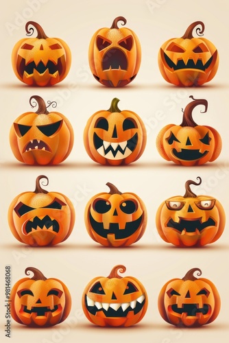 A collection of pumpkins with creative and spooky face designs for Halloween decorations or celebrations