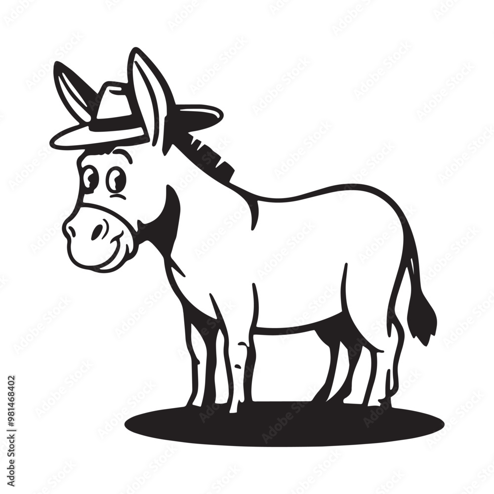 Obraz premium Cute Cartoon Black and White Donkey Silhouette Illustration for Kids, Smiling Donkey Silhouette for Kids