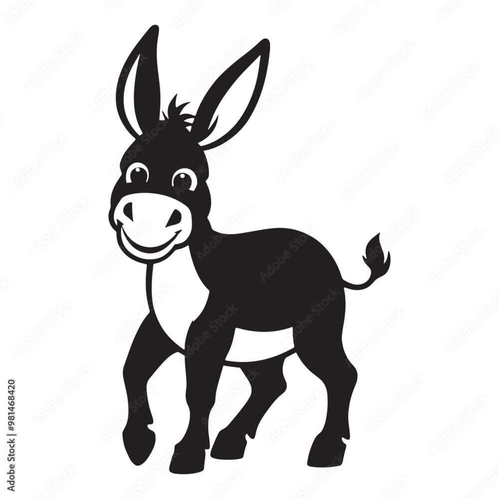 Cute Cartoon Black and White Donkey Silhouette Illustration for Kids, Smiling Donkey Silhouette for Kids Cute Cartoon Black and White Donkey Silhouette Illustration for Kids, Smiling Donkey Silhouette for Kids