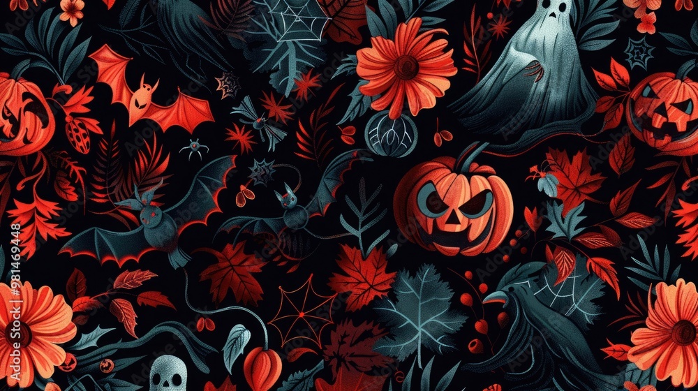 A spooky Halloween scene featuring pumpkins and ghostly figures on a black and red background A spooky Halloween scene featuring pumpkins and ghostly figures on a black and red background