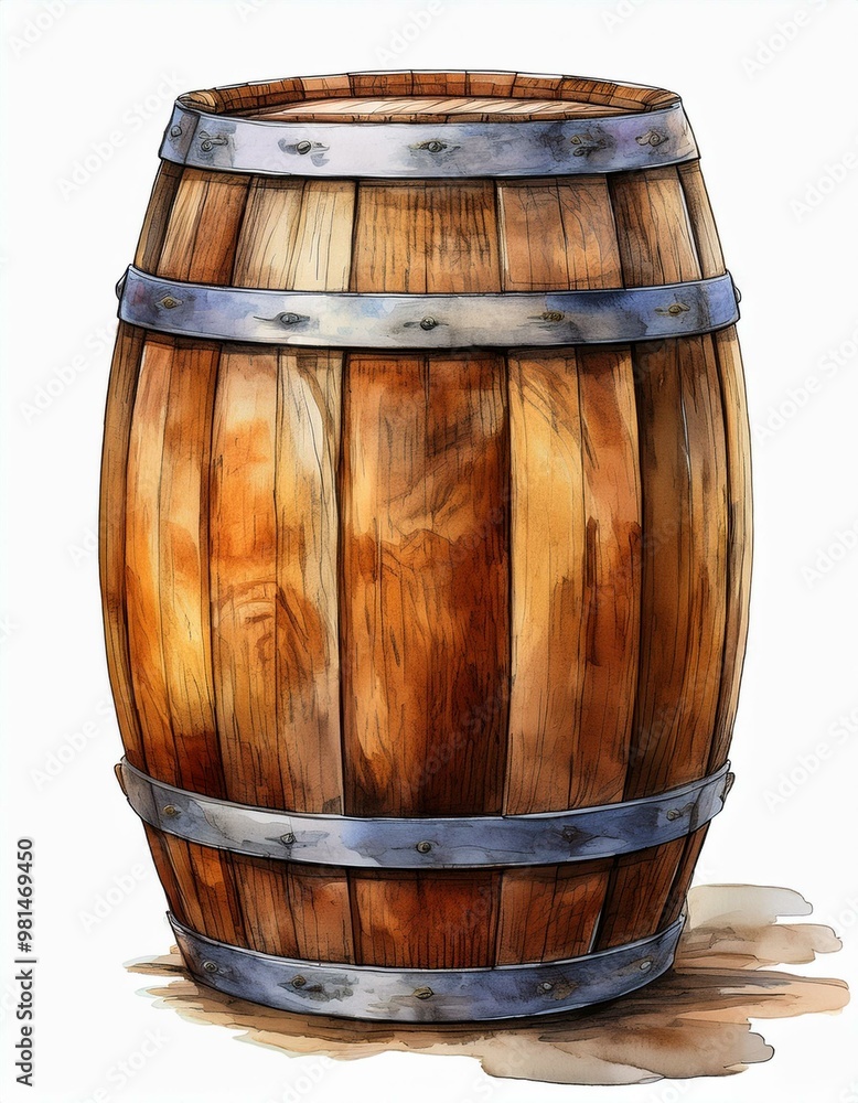 Fototapeta premium Watercolor illustration of wooden Beer Barrel for Octoberfest. Hand drawn sketch for October fest on white isolated background. Storage of ale or wine