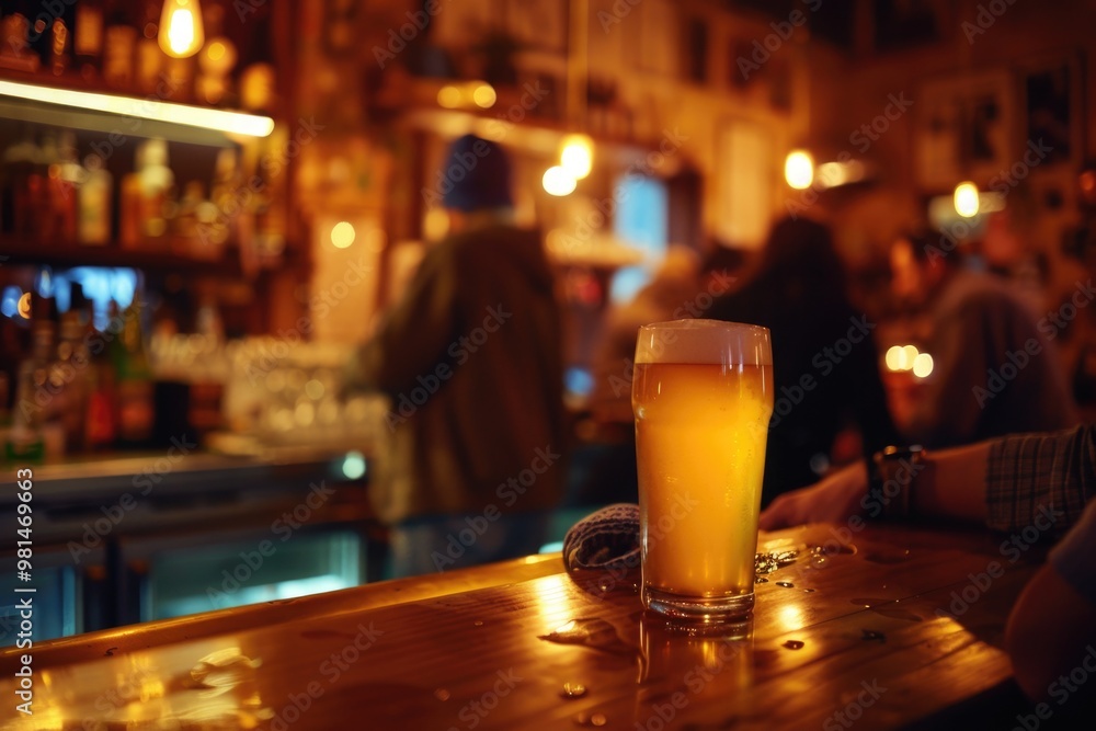 A glass of beer sitting on a wooden bar A glass of beer sitting on a wooden bar