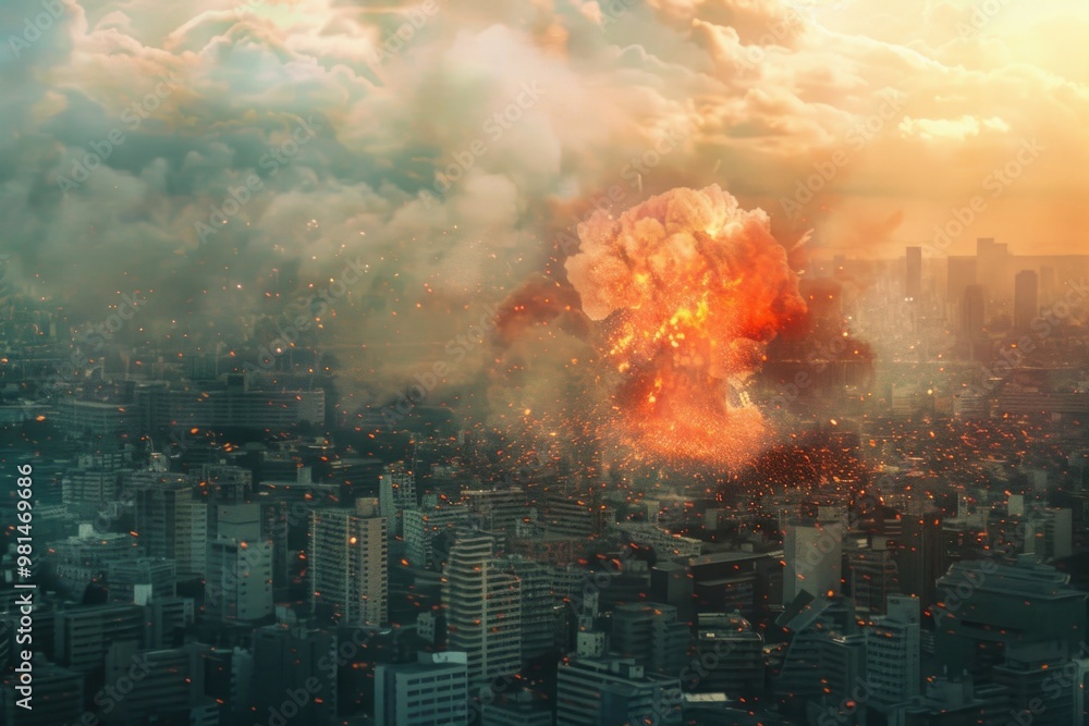 Obraz premium A city devastated by a large scale explosion, with debris and smoke filling the air