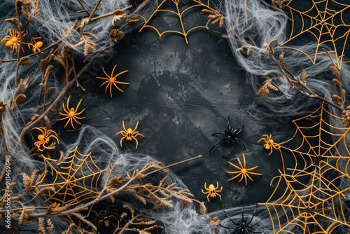 Group of black and yellow spiders sitting on a black surface, great for creepy crawlies or insect themed designs photo