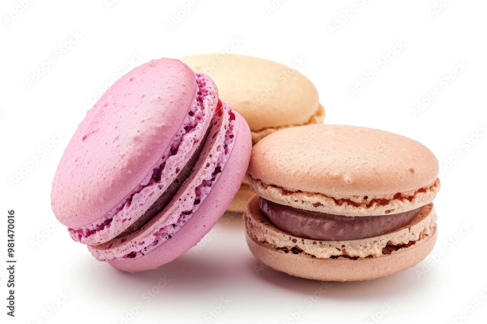 A trio of colorful macarons stacked on top of each other, perfect for a bakery or food display A trio of colorful macarons stacked on top of each other, perfect for a bakery or food display
