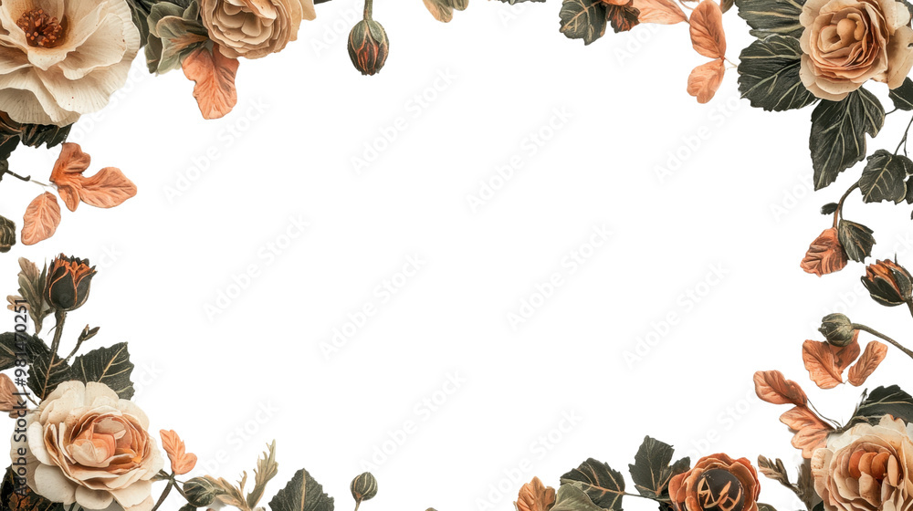 Floral frame with beige roses and green leaves transparent background Floral frame with beige roses and green leaves transparent background