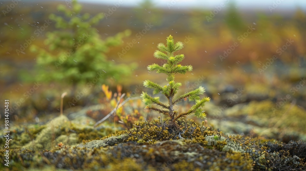 A small pine tree stands alone in a field, surrounded by nature