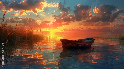 A lone wooden boat sits still on a calm lake at sunset, reflecting the golden light of the sky.