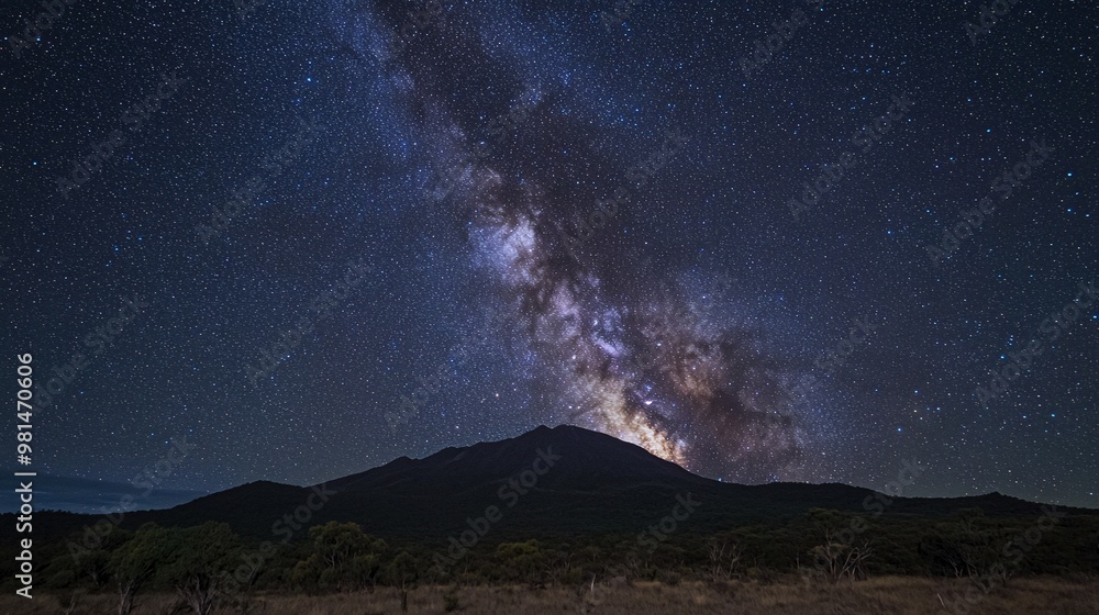 The Milky Way galaxy stretches across the night sky above a mountain range. The Milky Way galaxy stretches across the night sky above a mountain range.