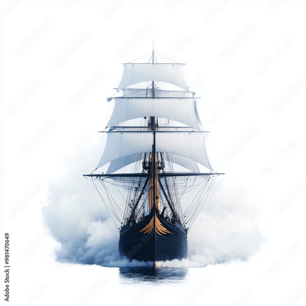 Majestic Sailboat Emerging from Misty Waters Majestic Sailboat Emerging from Misty Waters