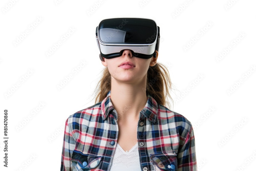 A person wearing a virtual reality headset and a plaid shirt, ready for immersive gaming or simulation A person wearing a virtual reality headset and a plaid shirt, ready for immersive gaming or simulation