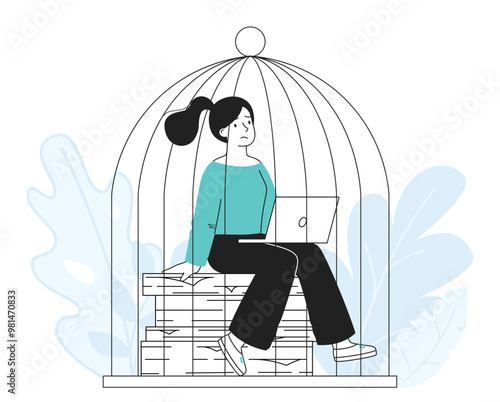 Woman in cage. Young girl with laptop sitting locked up. Person inside birdcage. Loneliness and frustration, depression. Mental pressure. Linear vector illustration