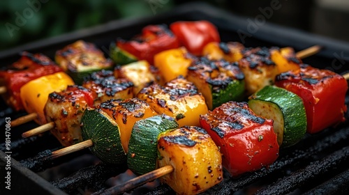 Grilled vegetable skewer, grilled meat with vegetable on a grill.