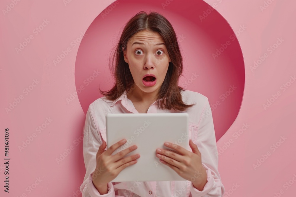 A woman holds a tablet in front of her face, blocking out the world A woman holds a tablet in front of her face, blocking out the world