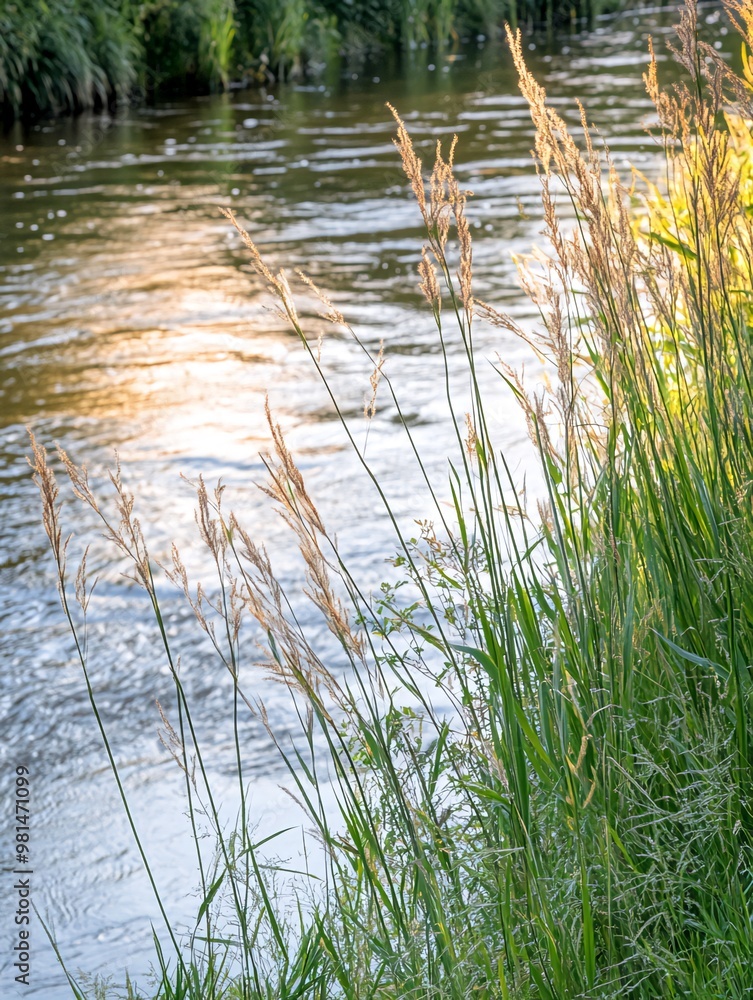 Tall grass growing on the edge of a river with calm water. Tall grass growing on the edge of a river with calm water.