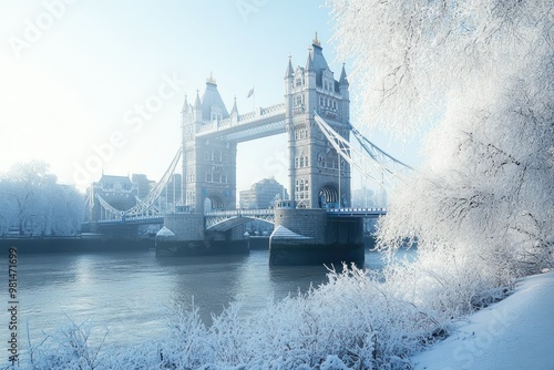 Tower Bridge in London Covered in Snow with Frosty Trees in Foreground