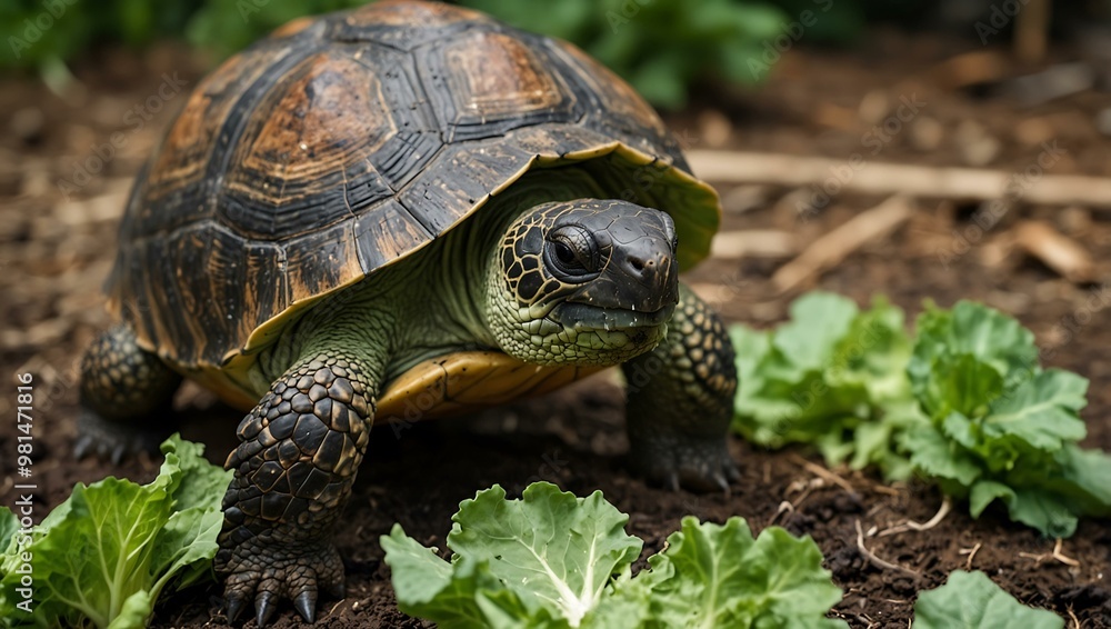 Land turtle eating lettuce and zucchini. Land turtle eating lettuce and zucchini.