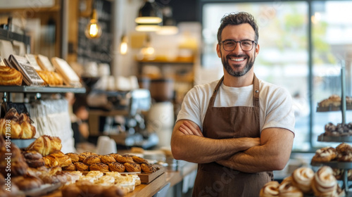 Proud cafe owner displaying fresh pastries in a bright, inviting cafe, surrounded by the aroma of fresh coffee and baked goods photo