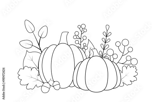 Autumn illustration with pumpkins and leaves isolated on white background. Vector illustration in line art style for coloring books