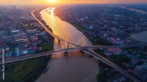 Ring bridge connecting the city and freeway motorway expressway with bypass, Aerial view of the ring road in Thailand.