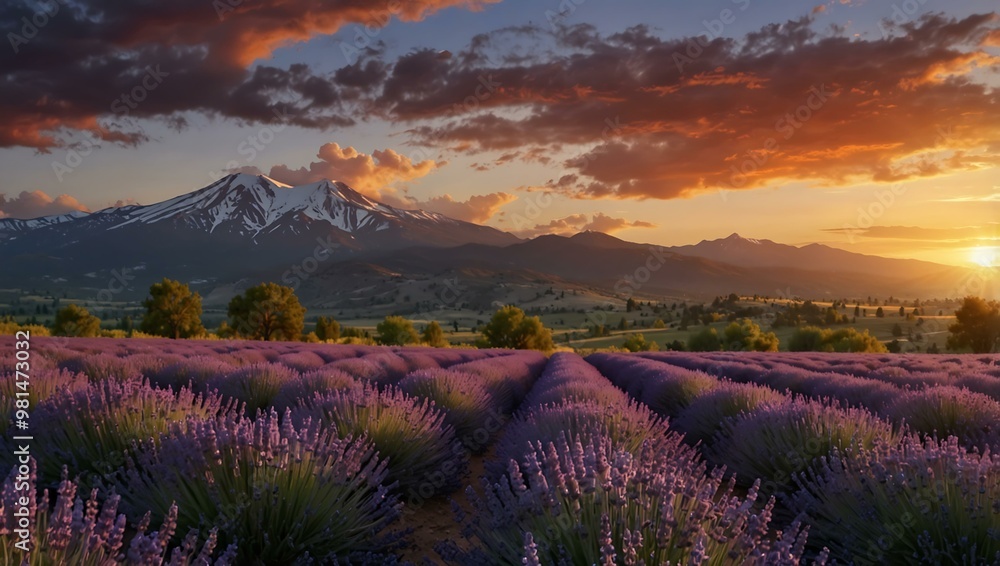 Lavender field under a colorful sky with distant mountains at sunset. Lavender field under a colorful sky with distant mountains at sunset.