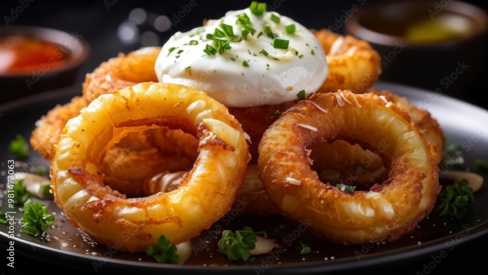 Juicy, mouth-watering onion rings with mozzarella on a dark plate. Juicy, mouth-watering onion rings with mozzarella on a dark plate.