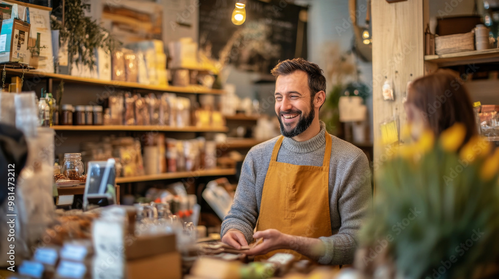 Fototapeta premium Smiling small shopkeeper engaging with customers in a cozy, inviting shop, with neatly organized shelves and a welcoming vibe