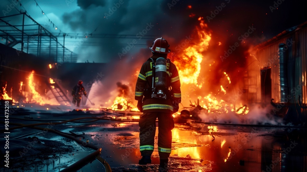 Firefighters battle a roaring blaze at a warehouse on a dramatic evening with thick smoke and intense flames Firefighters battle a roaring blaze at a warehouse on a dramatic evening with thick smoke and intense flames