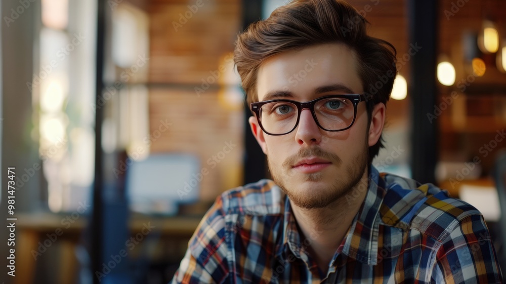 Young man in plaid shirt sitting at a desk in a modern workspace during daylight, concentrating on work Young man in plaid shirt sitting at a desk in a modern workspace during daylight, concentrating on work