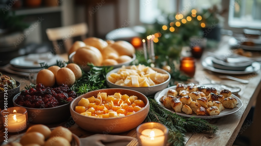 Fototapeta premium A decorated table with fruits and candles creates a festive atmosphere