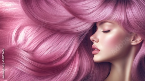 close up pink coloring hair advertising concept, healthy smooth silky shiny hair with elegance flow curve, hair coloring advertising concept