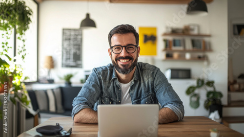 Cheerful self-employed entrepreneur setting up a home office, working independently with a positive and determined mindset