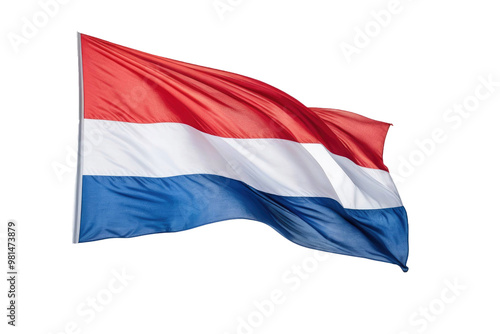 Wallpaper Mural Netherlands flag, centered, full-body isolated against clean white backdrop, stock photography style, crisp edges, gossamer texture visible, fabric ripples gently suggesting motion Torontodigital.ca