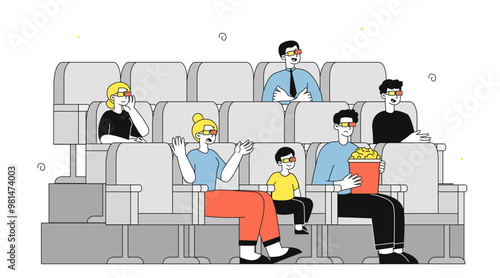 People in cinema. Men and women wearing 3D glasses sit on seats and watch movie or series. Entertainment and leisure. Audience at premiere. Linear vector illustration