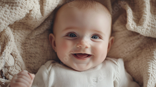 Smiling baby lying on a soft blanket, playful expression and sparkling eyes, warm natural light