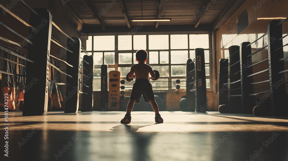 Obraz premium A child is training for a boxing match in a boxing ring.