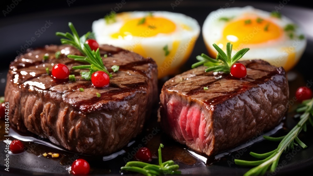 Juicy mouth-watering pieces of shark with a sprig of rosemary and eggs on a dark plate. Juicy mouth-watering pieces of shark with a sprig of rosemary and eggs on a dark plate.