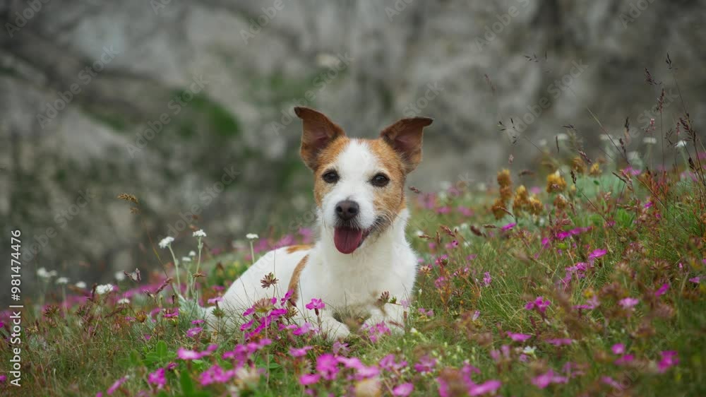 A white and brown dog rests on a rocky mountain slope, looking relaxed in the peaceful environment. The dog appears content, enjoying the calm and scenic surroundings. A white and brown dog rests on a rocky mountain slope, looking relaxed in the peaceful environment. The dog appears content, enjoying the calm and scenic surroundings.