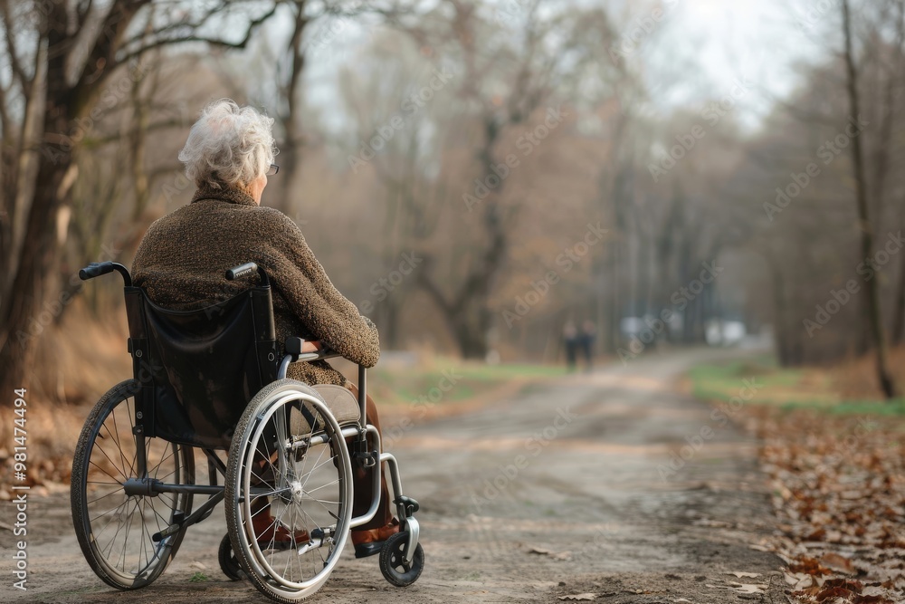 An elderly woman in a wheelchair is sitting in a park, generative ai image An elderly woman in a wheelchair is sitting in a park, generative ai image