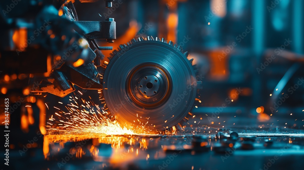 Circular saw in motion with spark of fire in industrial factory Circular saw in motion with spark of fire in industrial factory