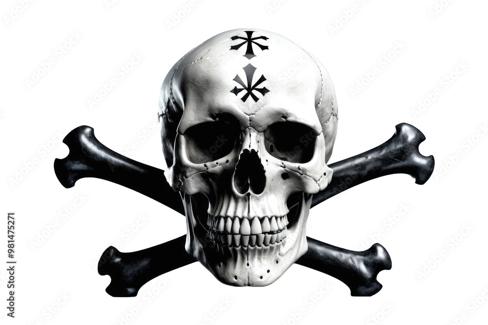 Skull with crossbones crossed over its full body, centered, isolated against a white background, high-quality stock photo, dramatic lighting, ultra clear, 8k resolution, centered composition Skull with crossbones crossed over its full body, centered, isolated against a white background, high-quality stock photo, dramatic lighting, ultra clear, 8k resolution, centered composition